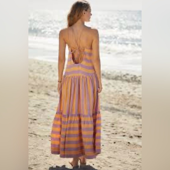 By Anthropologie Grommet Halter Stripe Linen Maxi Dress Lilac & Peach Size Large - Picture 4 of 14